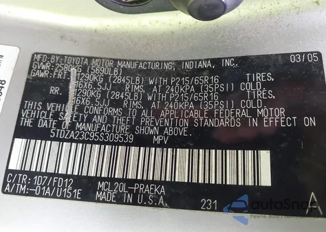 2005 Toyota Sienna Ce z USA, uszkodzony, nr VIN 5TDZA23C95S309539